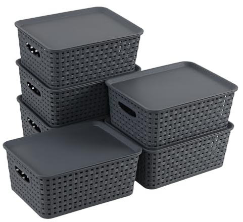 Jnktka Set of 6 Plastic Kitchen Cupboard Storage Baskets with Lids, Gray | Organiser Baskets