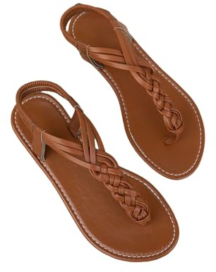 GORGLITTER Women's Thong Sandals Braided T-Strap Flat Sandals Ankle Strap Open Toe Slides Summer Vacation Beach Shoes Brown 9