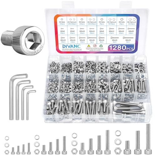DIVANC Metric Screw Assortment, 1280PCS Metric Bolt Assortment Kit M3 M4 M5 M6 Machine Screws with Lock & Flat Washers, 304 Stainless Steel Hex Socket Head Cap Screws Nuts and Bolts Kit (Silver)