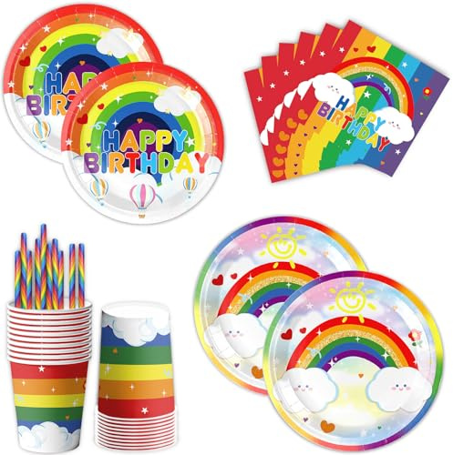 New Regenbogen deko kindergeburtstag partygeschirr set,60 kindergeburtstag deko partygeschirr,Enthält pappteller regenbogen, servietten regenbogen,Tassen,Strohhalme Geeignet für Hochzeiten,Geburtstag