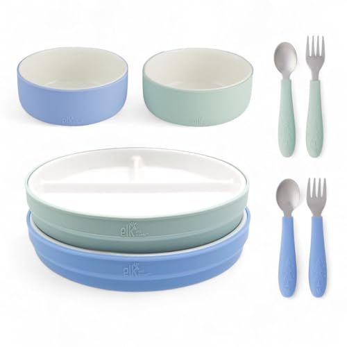 Elk and Friends Kids/Toddler Porcelain Mealtime Bundle + Sleeves | 8pc Set | Perfect for Babies | Porcleain Dinnerware | Silicone Sleeves | 6.7 Divided Plates + Bowls | Microwave + Dishwasher Safe