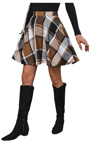 SweatyRocks Women's Plaid Flannel Skater Skirt High Waisted Flared Vintage Work Spring Skirts Khaki Medium