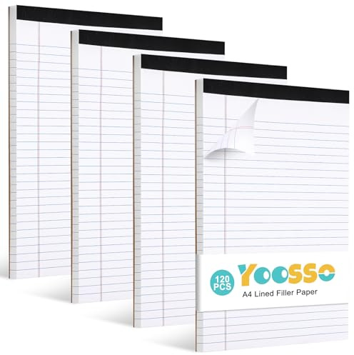 Yoosso 4 Pack Lined Paper A4 Pad, 30 Sheets/Per Notepads A4 Lined Paper College Ruled Writing Pad For School Office