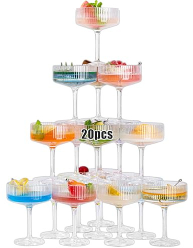 VasoArte 20Pcs Acrylic Martini Glasses, 10oz Shatterproof Plastic Champagne Tower, Unbreakable Ribbed Coupe Glasses, Art Deco Stem Cocktail Glassware Set, Manhattan Goblet for Wedding Birthday Party