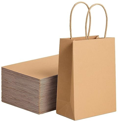 Pakomat papperspåse, släta bruna pappersbärväskor, bruna presentpåsar med handtag, presentpåsar, shoppingväska, av kraftpapper med handtag, för och partyfester (50)