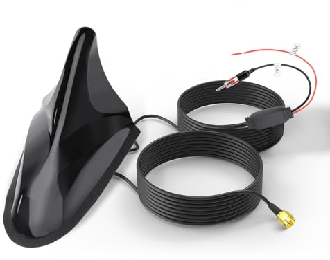 Eightwood FM/AM GPS Dachantenne Auto Shark Antenne mit Signal Verstärker Autoradio Antennensplitter Haifischflosse Antenne DIN Adapter + 5M Verlängerungskabel für Pioneer Clarion Alpine Sony Blaupunkt