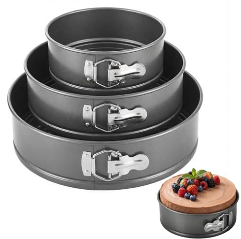3 Pezzi Tortiera Arrotondato con Fibbia a Molla,Tortiera Apribile,Acciaio al Carbonio,Rivestimento Antiaderente,Stampo Torta12/18/22cm