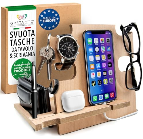 Svuota Tasche da Ingresso Organizer Scrivania Idee Regalo Uomo Festa del Papà Anniversario Compleanno Porta Orologi e Cellulare Tavolo e Comodino Artigianale in Legno Made in Europe (Beige)