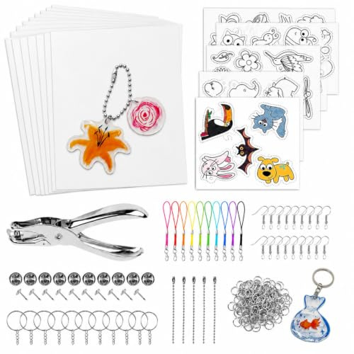 Zenovate 198 Schrumpffolie Set Schlüsselanhänger, DIY Schrumpfpapier Bastelset mit Locher, Schlüsselringen, Ohrhaken, Broschen und Buntstiften, Shrink Plastic Folie für Kinder Anhänger Basteln