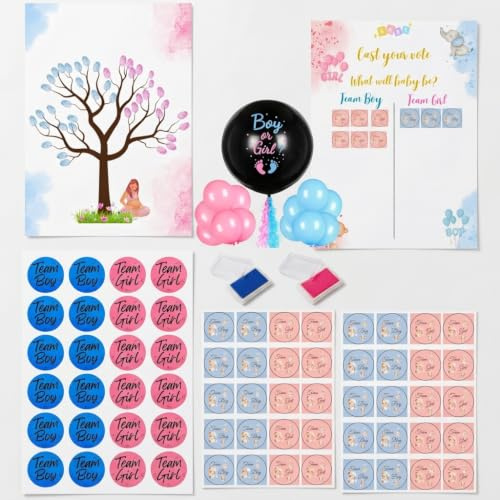 Eedama Decor Pack Gender Reveal con árbol de huellas A3 y juego de votación | Adhesivos Team Boy & Team Girl incluidos | Super pack con globo revelación de género (Super Pack Gender reveal)
