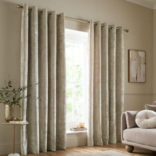 Catherine Lansfield Crushed Velvet 66x72 Inch Lined Eyelet Curtains Two Panels Natural