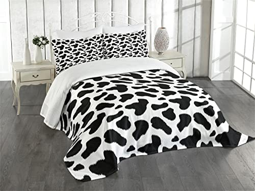 ABAKUHAUS Kuh-Druck Tagesdecke Set, Kuhfell Schwarz Spots, Set mit Kissenbezügen Waschbar, für Einzelbetten 170 x 220 cm,Weiß Grau