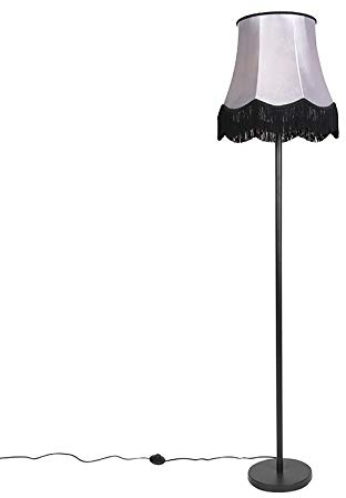 Qazqa - Modern Klassische Stehleuchte I Stehlampe I Standleuchte I Lampe I Leuchte schwarz mit Granny B Schirm grau - Simplo I Wohnzimmer I Schlafzimmer - Stahl Länglich I Rund - LED geeignet E27