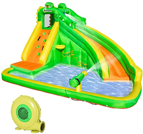 Outsunny Kids Bouncy Castle, 5 in 1 Large Crocodile Style Inflatable House Slide Basket Water Pool Gun Climbing Wall with Blower Carrybag for Kids Age 3-8, 3.85 x 2.85 x 2.25m