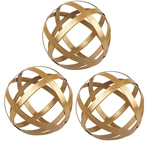 YiYa Gold Decorative Sphere Set of 3 - Metal Band Decorative Balls - Modern Home Decor