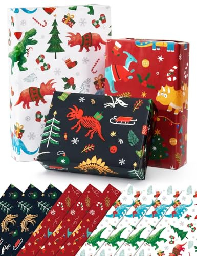 WERNNSAI 10 Blatt Weihnachts Geschenkpapier 70cm x 51cm Dino Kinder Junge | Weihnachten Dino Geschenkpapier Bogen für Kinder und Junge, Weihnachtsgeschenkpapier Set, Weihnachtsparty Packpapier Deko