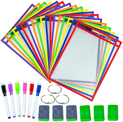 MILEKE Heavy Duty Dry Erase Pockets, Rewritable Dry Erase Sleeves for School and Work, Clear workSheet Protectors, 10 x 13.5 Plastic Ticket Holders, 6 Colors Assorted, Pack of 18