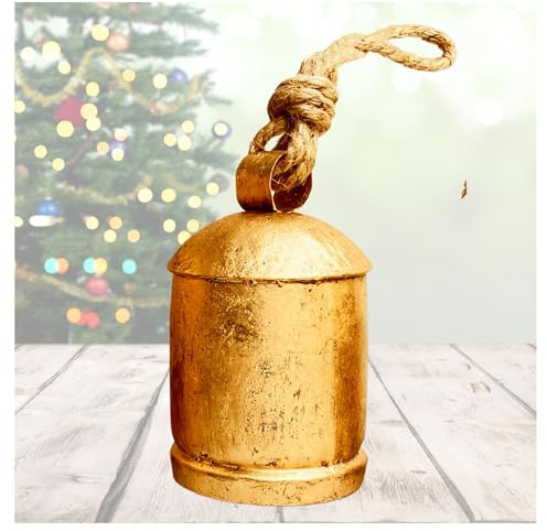 Rustic Decorative Bell 4 Traditional 1pc Shabby Chic Vintage Bell Brass Coated Country Style Cow Bell Wall Hanging Jute Rope Harmony Cowbell Lucky Charm Christmas Bell (4 Inch)