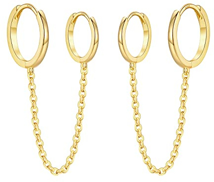 925 Sterling Silver Chain Hoop Earrings for Women, Silver Gold Double Piercing Two Holes Huggie Hoop Earrings Set Tassel Drop Link Cuff Cartilage Helix Earrings for Teen Girls Jewellery Gifts