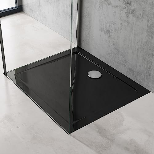 doporro plato de ducha 80x90x4 plano de acrílico en negro rectangular incluye desagüe conexiones DIN apto para instalación a ras de suelo Faro2