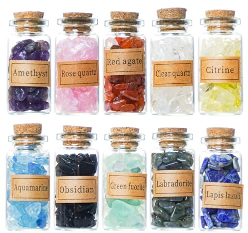 EnMart Mini Bottiglie dei Desideri con Pietre, Collezioni di Pietre burattate di Quarzo Naturale, Mini Gemstone Bottles Chip Crystal Healing Tumbled Gem Reiki Wicca Pietre Set 10 pz