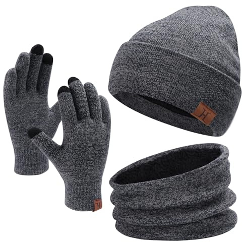 Invernali Cappello Sciarpa e Guanti Touch Screen, Berretto in Maglia Scaldacollo e Guanti con Fodera in Pile per Uomo Donna