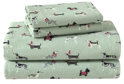 Laura Ashley - King Sheet Set, Cotton Flannel Bedding, Brushed for Extra Softness & Comfort (Holiday Pups Green, King)
