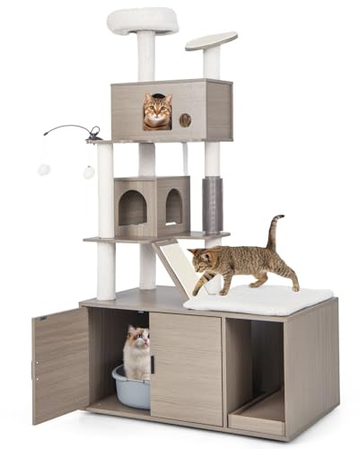 GOPLUS Arbre à Chat avec Meuble Litière pour Chat, 2 Condo,Griffoirs, Gratter en Sisal, Balles Suspendues, Arbre à Chat avec Toilette pour Chats, Gris (173cm)