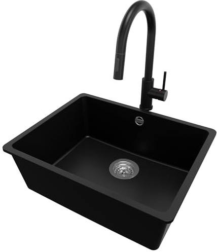 PRIMAGRAN Fregadero Granito al Mueble 60cm + Grifo, 56x44cm | Set: Grifo BW9010 + Kit de desagüe (sifón, válvula, rebosadero) + Venecia Easy Slim 1 Seno para Cocina, Negro