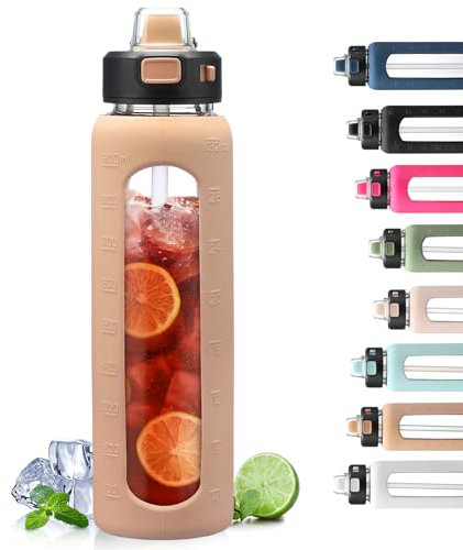 BLUEGO 900ml Trinkflasche Glas mit Strohhalm und Griff Auslaufsichere Wasserflasche mit Silikonhülle und Messskala Sport Glaswasserflasche BPA frei, Amber