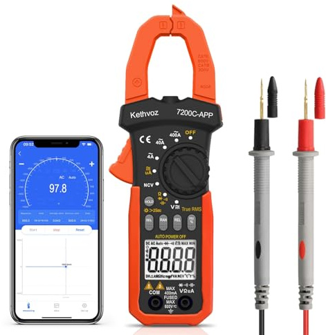 Bluetooth strömtång klämma meter, kethvoz 4000 antal TRMS tångmultimeter bil räckvidd mätning 0–400 A DC/AC ström spänning ohm kapacitet genomgång NCV, digital tångamperemeter