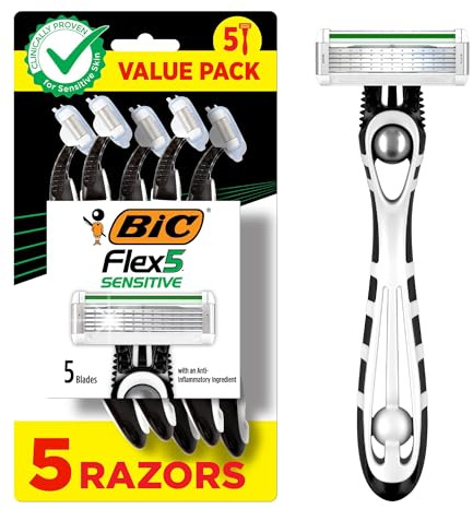 BIC Flex 5 Sensitive Men's Disposable 5-Blade Razors, Comfortable Shave, 5-Pack