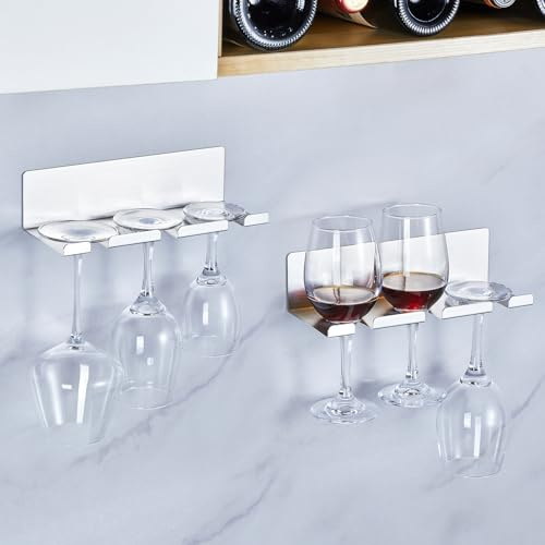 XILIMEN Wine Glass Holder Wine Glass Drying Rack Stainless Steel Hanging Stemware Rack Wall Mounted Adhesive Hanging Wine Glass Organizer Stemware Holder for Bar Restaurant Kitchen 2 Pack