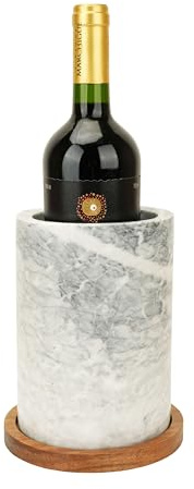 Raffreddatore per vino in marmo bianco con base in legno di acacia, diametro 12,7 cm, altezza 17,8 cm, elegante refrigeratore in marmo naturale con fondo in velluto, base in legno morbido imbottito