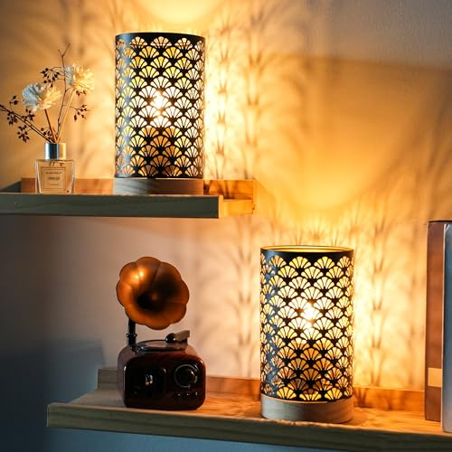 JHY DESIGN Satz von 2 Metall batteriebetriebene Lampen 19cm hoch Akzent kabellose Lampen mit 6-Stunden-Timer für Hochzeiten Party Patio Garten drinnen im Freien Tisch Balkon（Holzbasis）