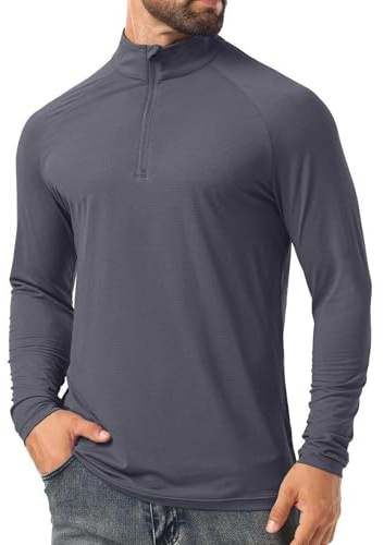 QIXING Men's UPF 50+ Sun Shirts Quarter Zip Long Sleeve Outdoor Shirt Fishing Hiking Rash Guard T-Shirts (Dark Gray, M)
