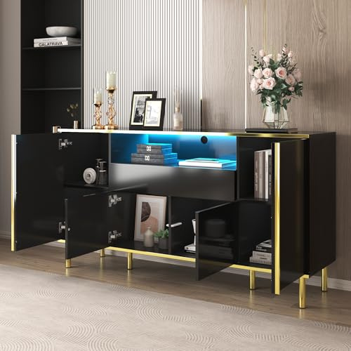 PZJFH Sideboard Schwarz Hochglanz mit Schublade und Türen, Kommode mit LED Beleuchtung und goldenen Akzenten für Wohnzimmer, Küchenkommode modern für stilvolle Aufbewahrung und Dekoration