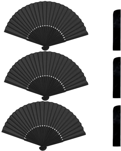 MDLSDE 3 Pack Black Silk Fabric Hand Fans, Folding Hand Chinese Fan Handheld for Dancing Cosplay Props Wedding Preference Performance Party Home Decorations Festival Birthday Gifts Black