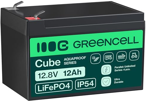 Green Cell Cube LiFePO4 Batterie 12 Ah 12,8 V – Batterie Lithium-Fer Phosphate pour Camping-Cars, Bateaux, systèmes solaires, systèmes Hors réseau, avec BMS, légère et sûre