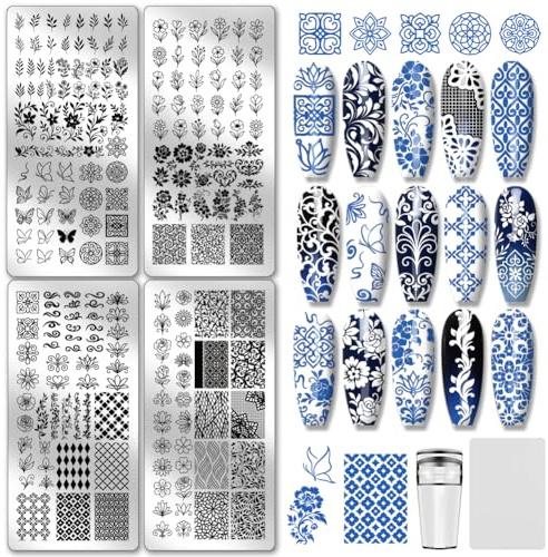 PH PandaHall 4pcs Flower Nail Stamping Plates Leaves Plants Nail Art Stencils Daisy Tulip Rose Nails Stamper Butterfly Manicure Art Templates Geometric Nails Image Plates for Women DIY Manicures Salon
