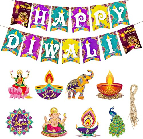 Happy Diwali Banner, Happy Diwali Festival Flags, Happy Diwalis Banner Hanging Ceiling Decoration, Paper Pendants with Hanging Cords for Wall Ceiling Tree Supplies Indian Themed Party Decorations