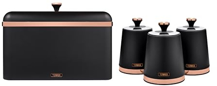 Tower Cavaletto Bread Bin, Removable Lid and Set of 3 Storage Canisters for Coffee/Sugar/Tea, Steel, Black and Rose Gold