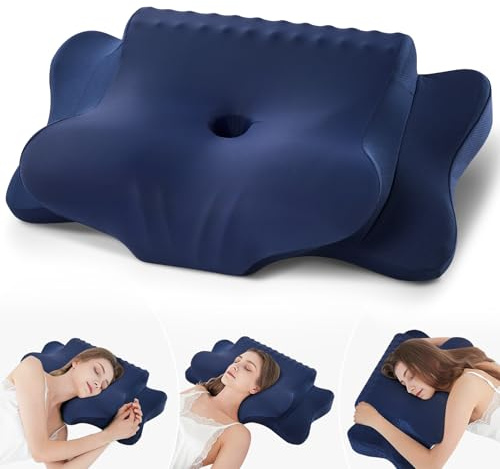 FAIORD Cuscino Cervicale, Cuscino Ergonomico Adatto per chi Dorme su un fianco sulla schiena e a pancia in giù, Cuscino Memory Foam con Federa, 64x39x10/13 cm, Blu Scuro