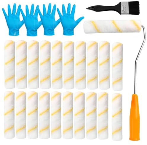 QMLING Farbroller Klein Malerrollen Set: 20 Stück Farbroller Wandfarbe 15cm, Florhöhe 12mm, Farbwalze mit 2 Griff 4 Handschuhe und Bürste, Malerwalzen für Familienzimmer Wand Anstricharbeiten