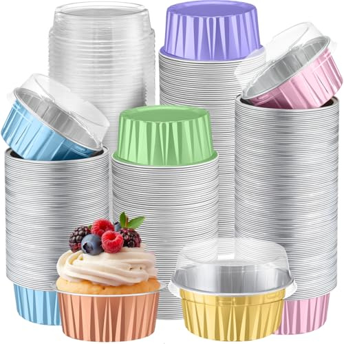 Gandeer 200 Pack Aluminum Foil Cupcake Liners with Lids,5 oz Round Baking Cup for Wedding Party, Disposable Tart Pie Ramekin, Mini Cake Tins Container (Macaron Color,Plain)