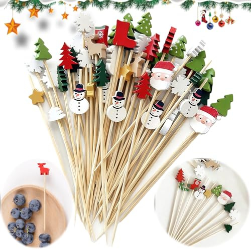 Zephyra 100 Spiedini Natalizi da Cocktail in Bambù 12 cm – Stuzzicadenti Decorativi per Aperitivi, Frutta, Snack e Feste di Natale (Christmas)