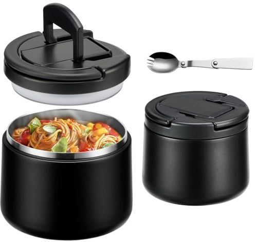 Itslife Thermobehälter für Essen 420ml, Warmhaltebehälter Essen Edelstahl mit Schnallendeckel und Löffel, Thermo Lunchbox Auslaufsicher, Essensbehälter für Picknick, Schulen und Büros, Schwarz