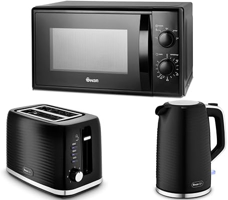 Swan Wave Black 1.7L Kettle, 2 Slice Toaster & 20L 700W Microwave SM4420BLK - Contemporary Design Kitchen Set with a Premium Sleek Black Finish