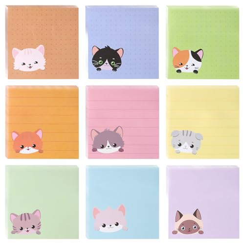 Prmape 9 Notes Autocollantes Chat, 450 Feuilles Notes Adhésives Kawaii, Bloc Notes Chat 76x76mm, Colorés Fournitures de Bureau pour Cadeaux Bureau Maison École