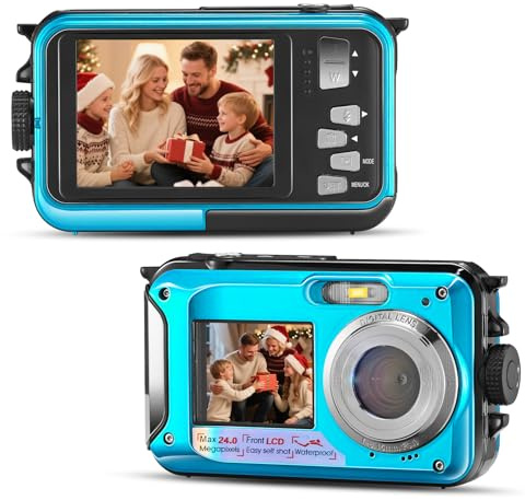 Cámara submarina, Full HD 2.7K 24MP impermeable, cámara compacta impermeable de 10 pies, zoom digital 16x, cámara digital antitemblor para niños, adolescentes, principiantes